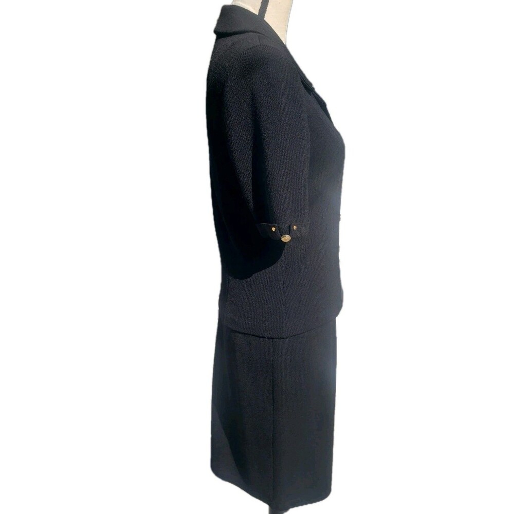 St John Collection Marie Gray Santana Knit Jacket Skirt Suit Black Sz 4 Gold Btn - Picture 7 of 16